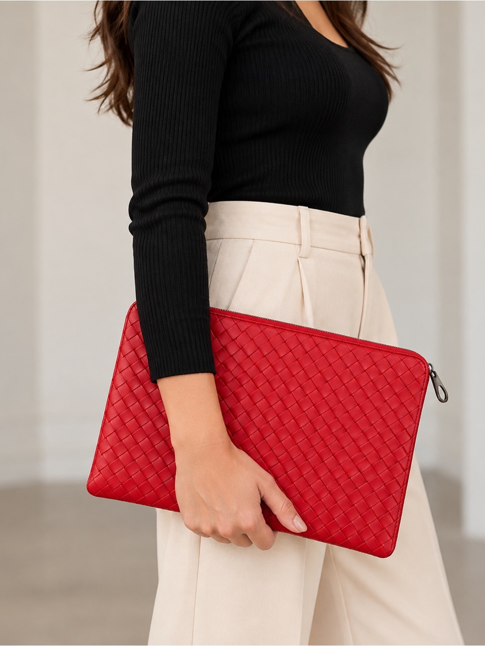 Bottega Veneta Red Intrecciato Leather Document Case Clutch Pouch